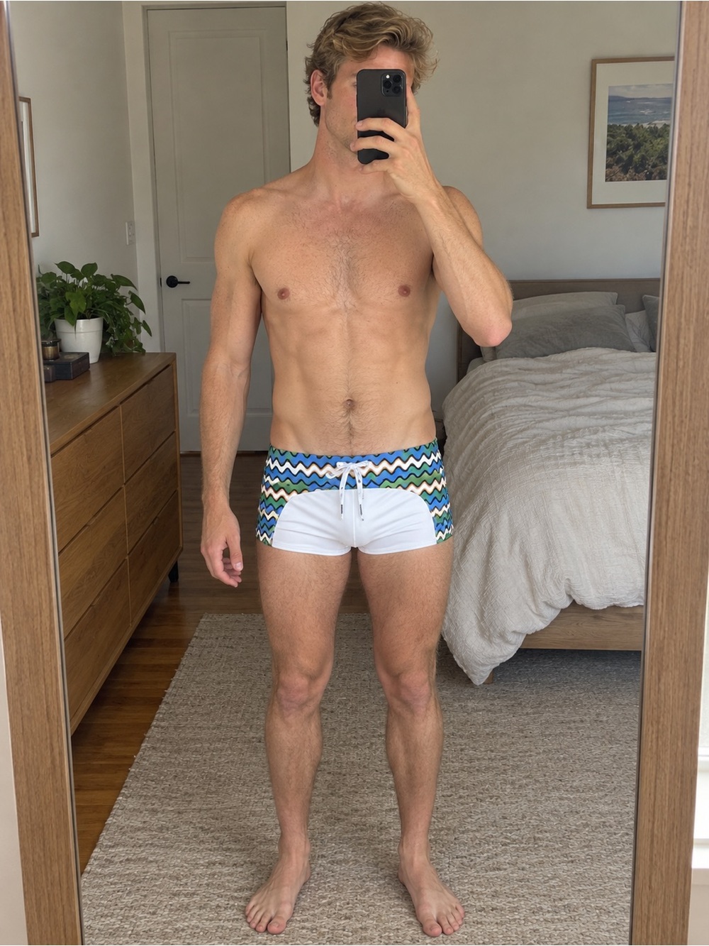 Aussiebum Chevron-Print Men's Boxer Swim Shorts in Blue, Green & White size m